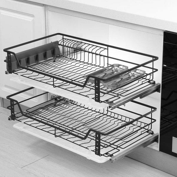 厨房橱柜拉篮不锈钢双层缓冲抽屉式厨柜调味篮架收纳碗碟篮内置物