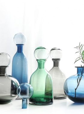 北欧蓝色灰色带盖玻璃瓶摆件花瓶样板房简约家居创意装饰绿色花器