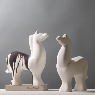 新中式马到功成陶瓷摆件客厅创意磨砂水墨马摆设品桌面装饰工艺品