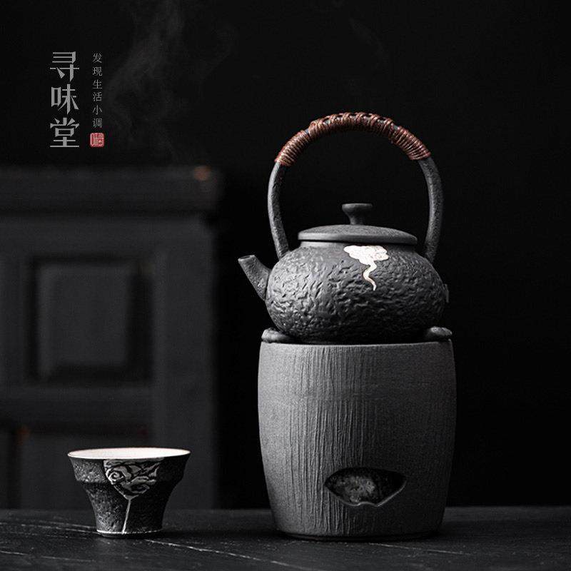 矾黑粗陶煮茶壶酒精炉｜复古黑色茶壶提梁壶茶炉陶瓷煮茶器侘寂风,餐饮具,煮茶炉,淘宝优惠券,粉丝福利购,淘宝优惠卷