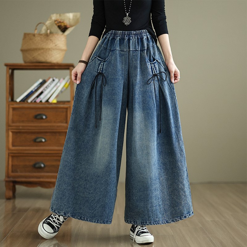 秋冬复古炒色系带牛仔阔腿裤高腰宽松显瘦大码休闲垂感长裤子磨白