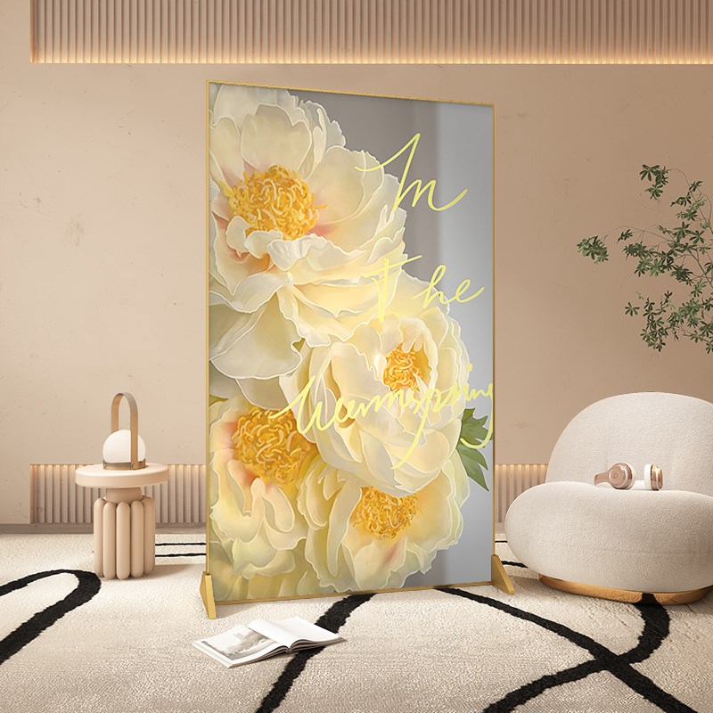 北欧奶油风花卉入户屏风隔断客厅简约小户型移动遮挡金属装饰座屏