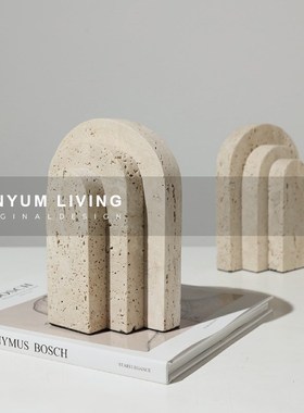 欧式轻奢卧室书房书本收纳黄洞石叠层书挡摆件创意高端Z工艺品摆