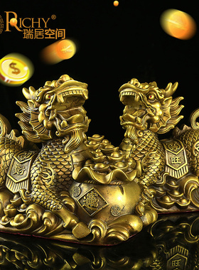 铜麒麟摆件一对黄铜家居办公I室装饰客厅摆设工艺品