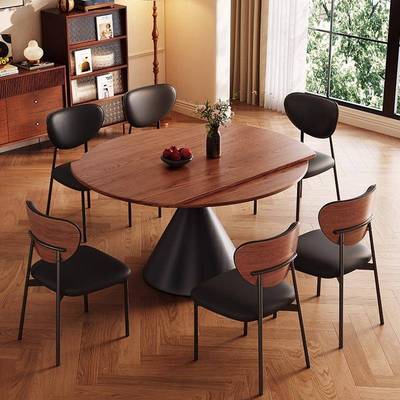 法式中古风实木餐桌椅组合2025新款家用小户型可变圆桌可伸缩饭桌