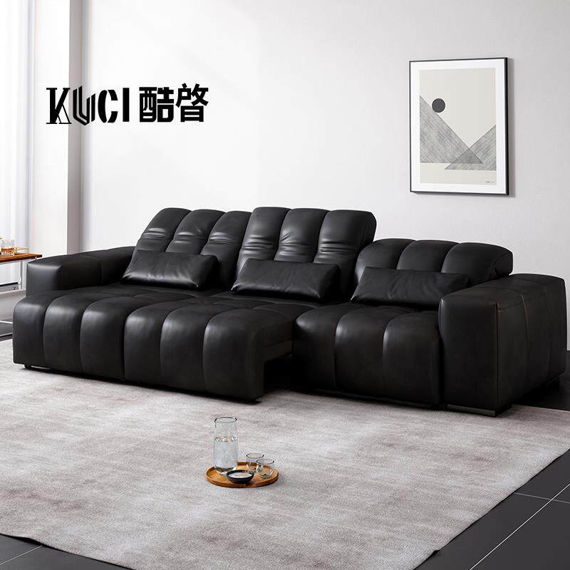 电动沙发床功能客厅像素真皮沙发三人位直排简约零靠墙黑色可伸缩