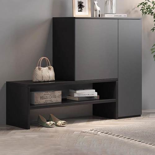 黑色实木鞋柜家用门口楼道外室内储物柜鞋架换鞋凳可坐玄关柜一体