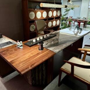现代简约轻奢岩板茶桌椅组合白蜡木办公室家用茶台泡茶桌高级定制