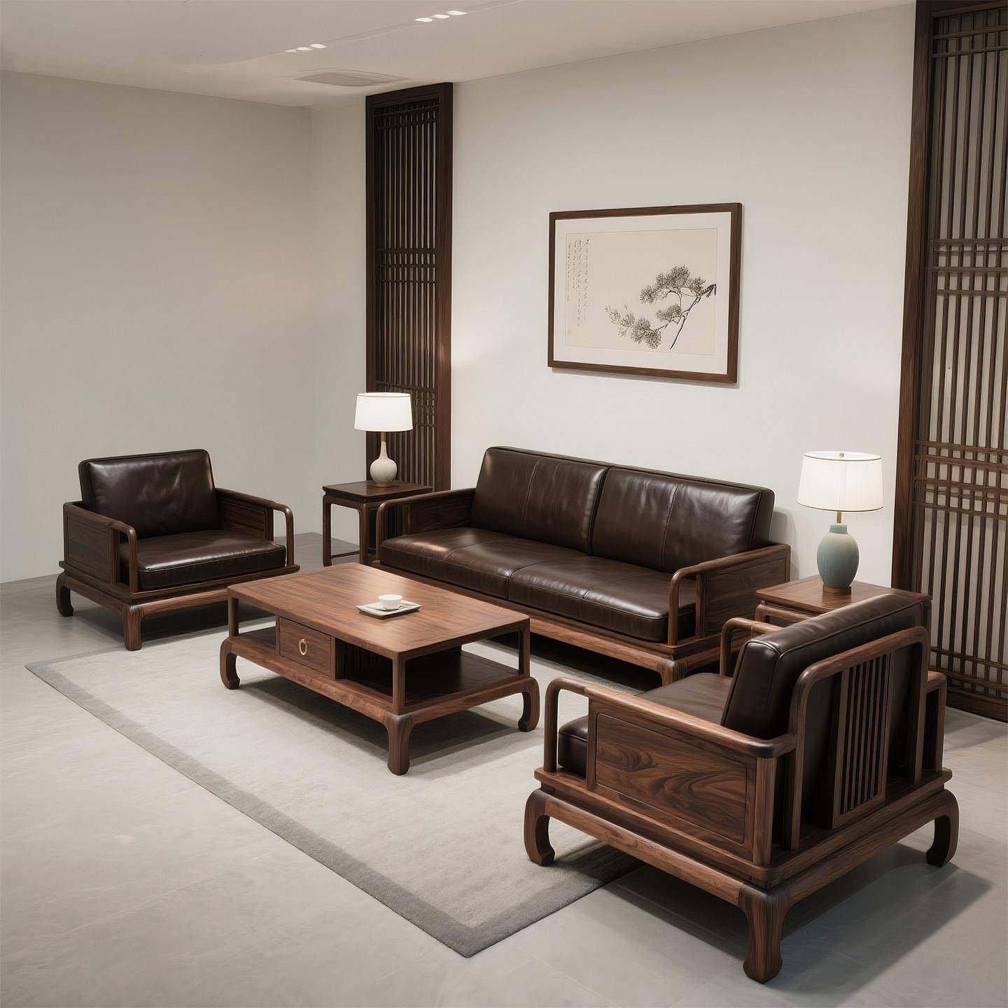 北美黑胡桃木沙发组合宋代风实木客厅别墅现代简约新中式真皮家具