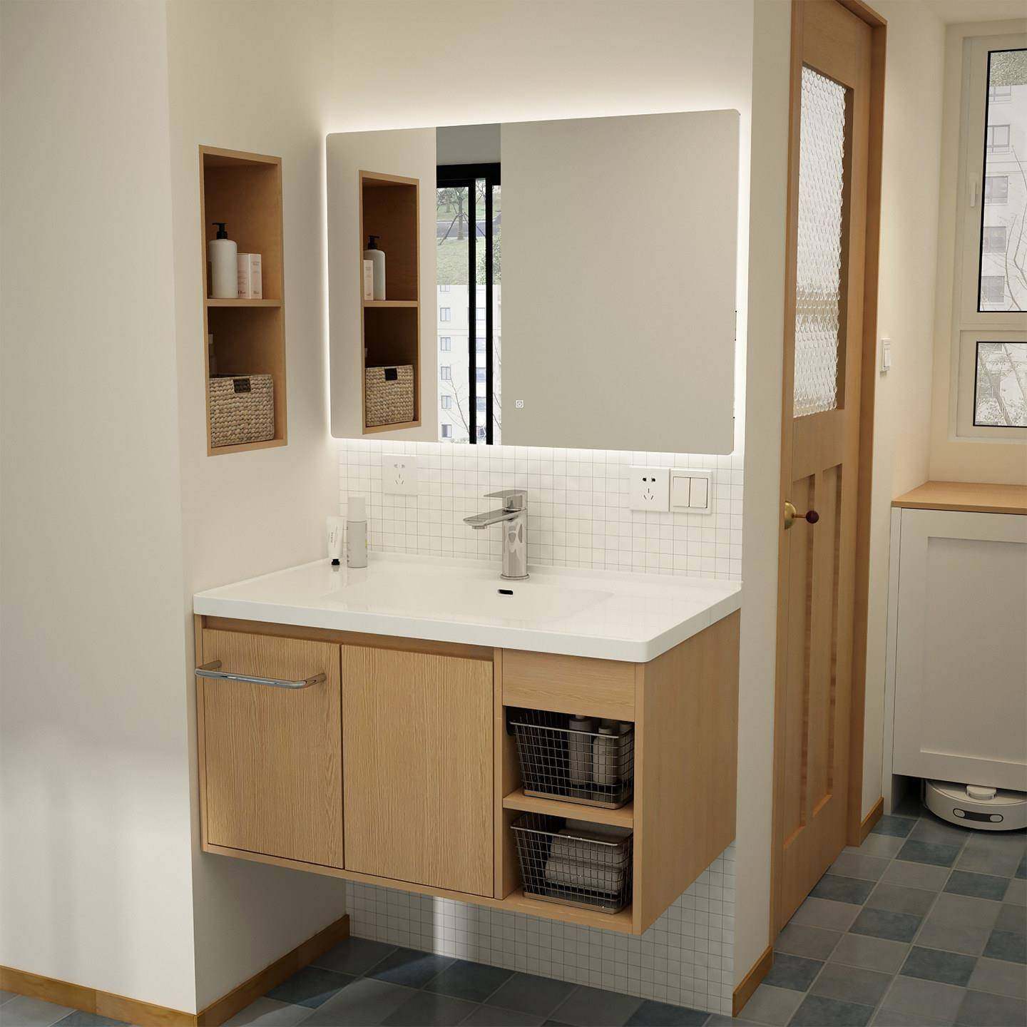 中古风浴室柜白橡木色卫生间洗漱台陶瓷一体盆洗手池兔宝宝板材