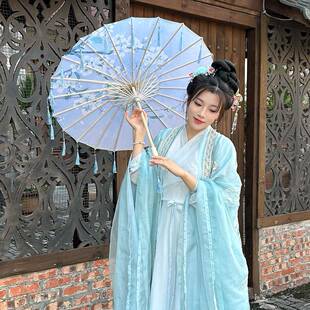 新中式流苏油纸伞旗袍古装古风汉服道具演出走秀舞蹈伞蓝色清新伞