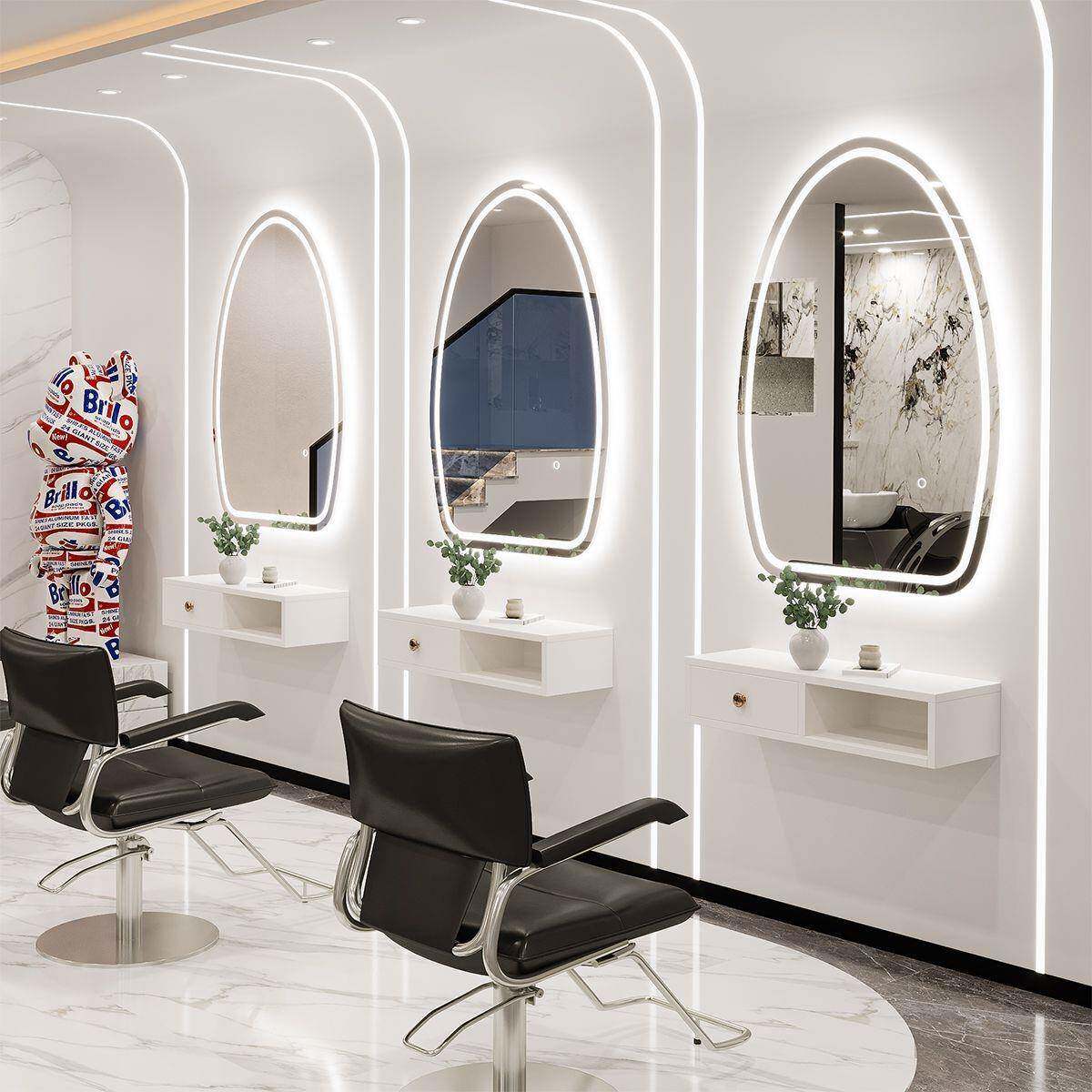 理发店镜台圆镜子理发店镜子柜子一体挂墙美发店带灯壁挂烫染镜子