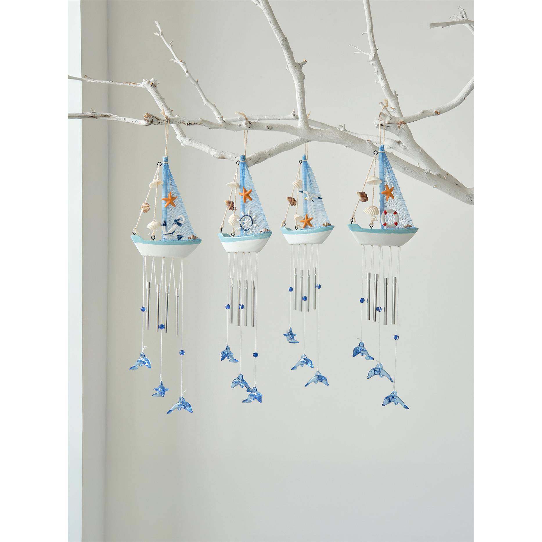 地中海风格创意风铃小船家居帆船装饰木质帆船模型小木船空中吊饰