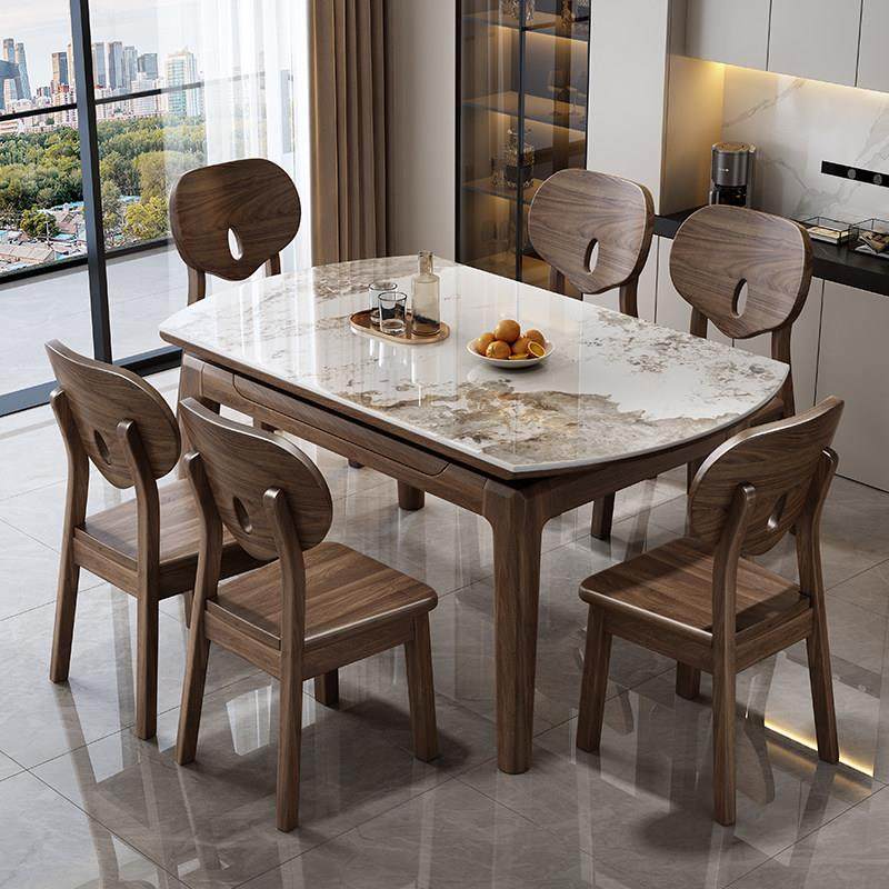 北美黑胡桃木岩板实木餐桌椅组合可伸缩家用小户型折叠可变圆桌子