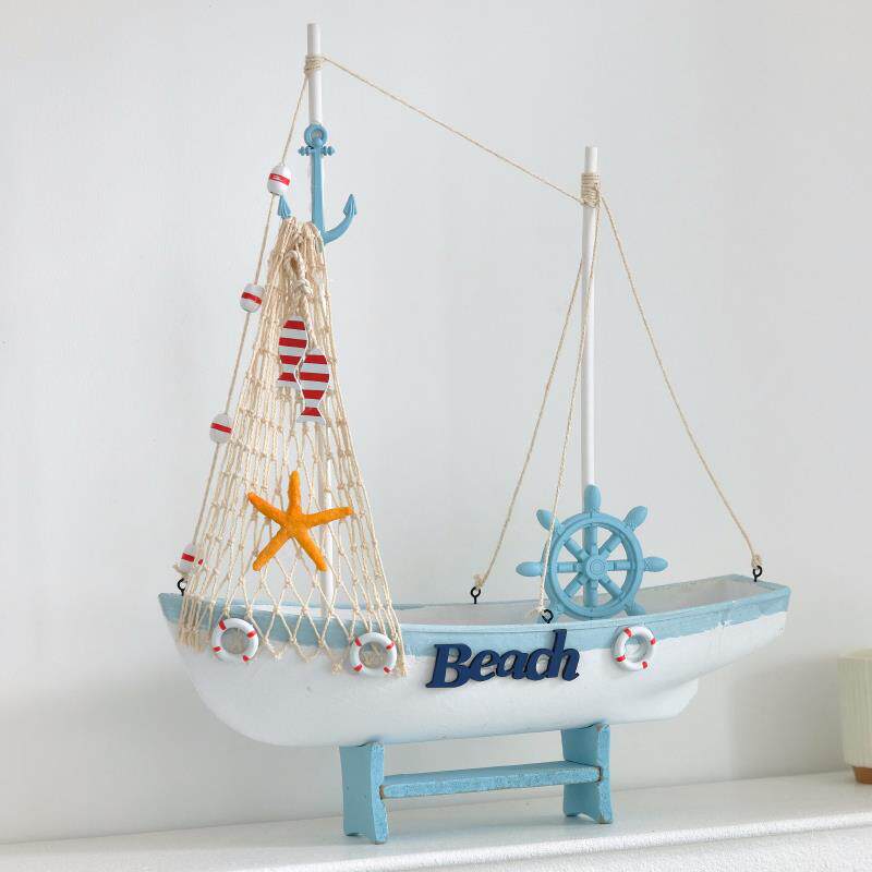 地中海帆船模型摆件做旧工艺船蓝白贝壳船家居客厅饭厅摆件装饰品