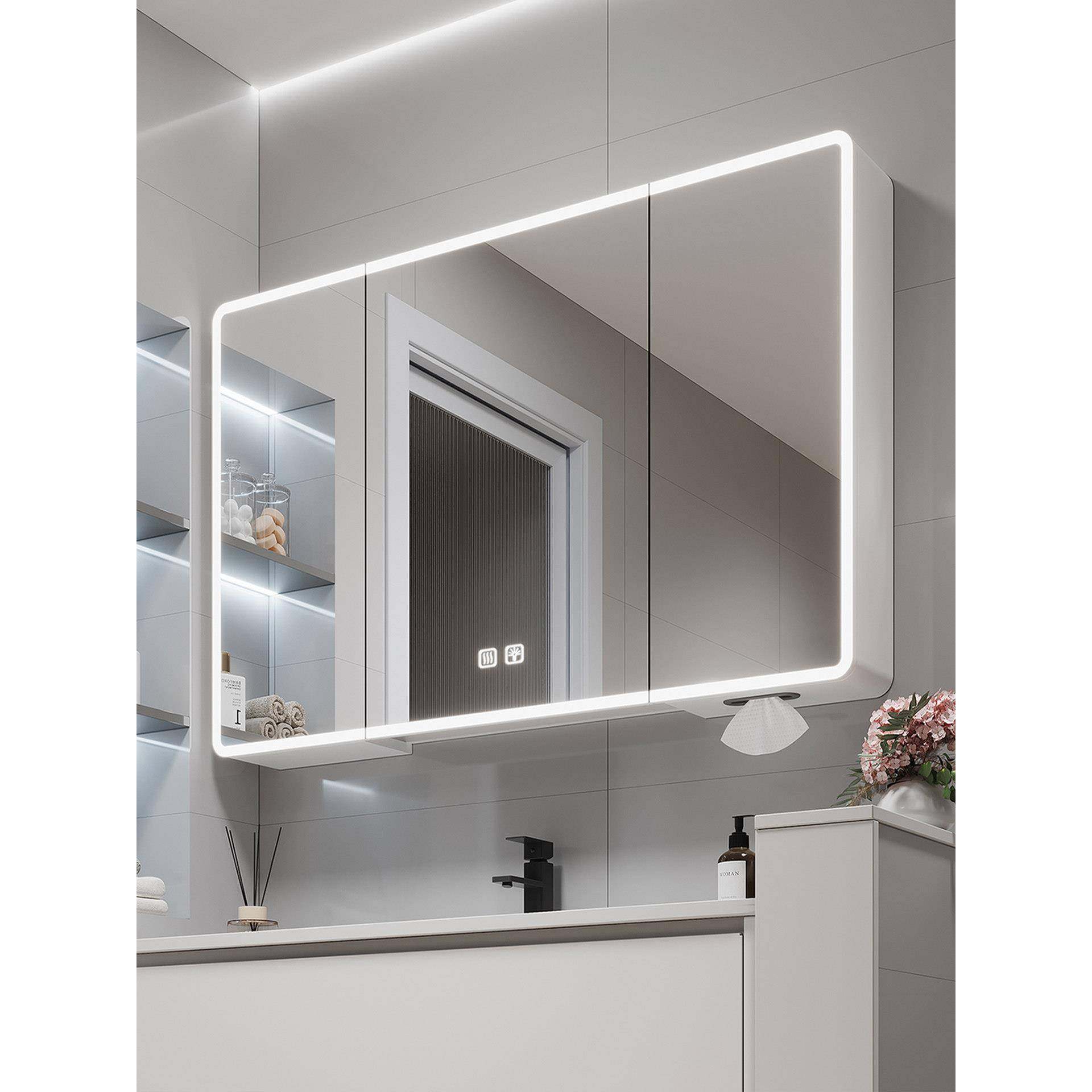 加高圆弧智能浴室镜柜卫生间美妆收纳一体镜子带插座置物架太空铝