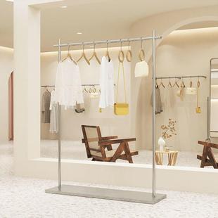 服裝 店貨架陳列架 不銹鋼拉絲帶板銀色掛衣桿女裝 店中島展架落地式
