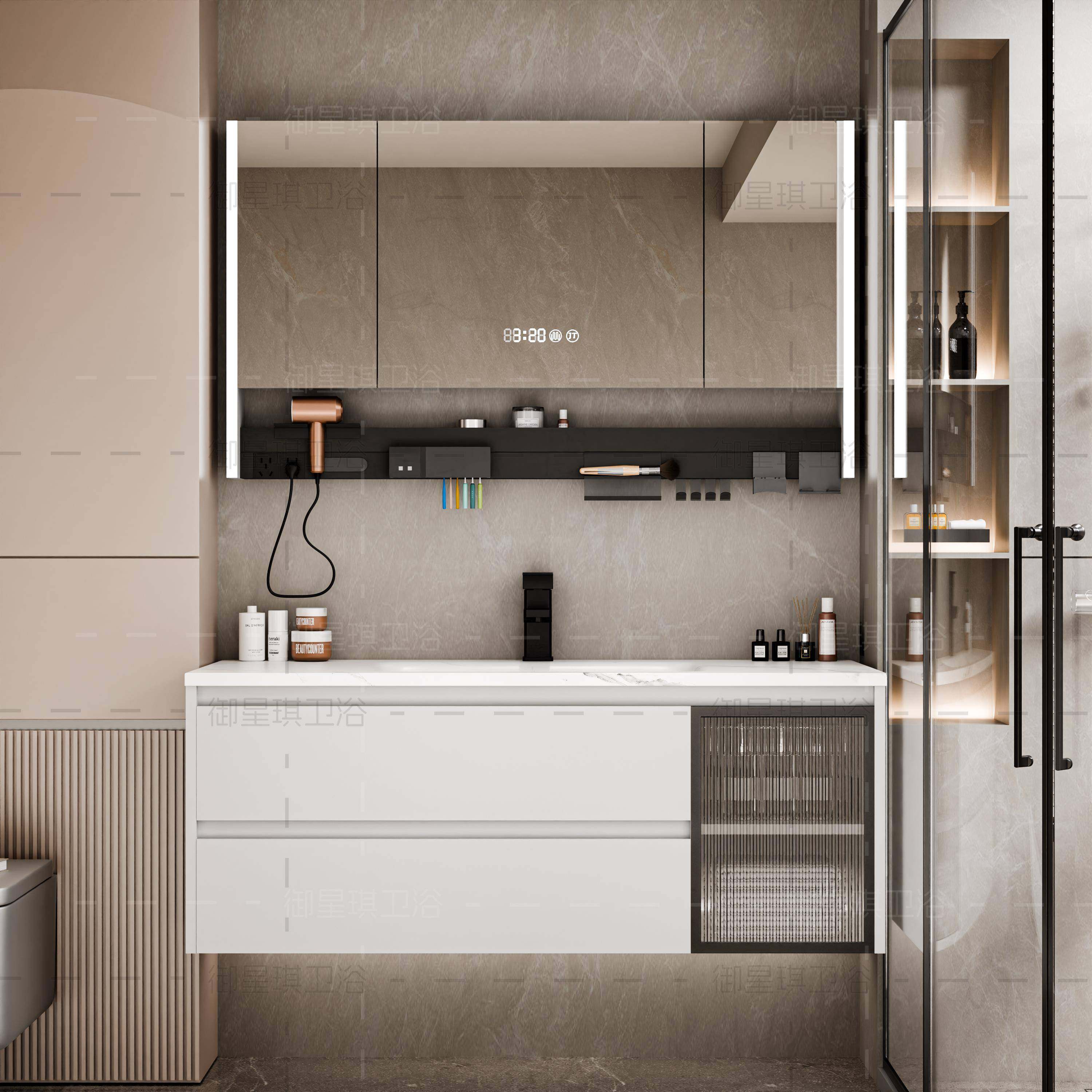 轻奢风岩板热弯一体盆浴室柜组合卫生间洗漱台洗手盆洗脸池卫浴柜,家装主材,浴室柜组合,淘宝优惠券,粉丝福利购,淘宝优惠卷