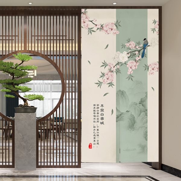 中式复古花鸟长款门帘入户玄关遮挡帘卫生间厨房隔断帘卧室挂布帘