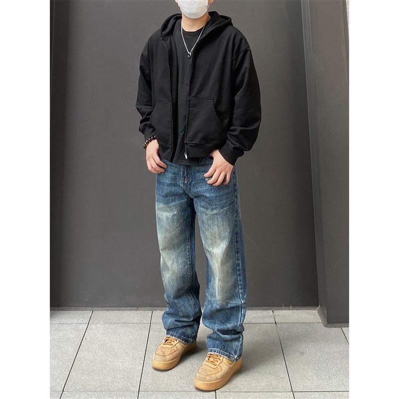 98SQUID 美式Vintage做旧磨破牛仔裤男女宽松直筒重磅质感长裤子