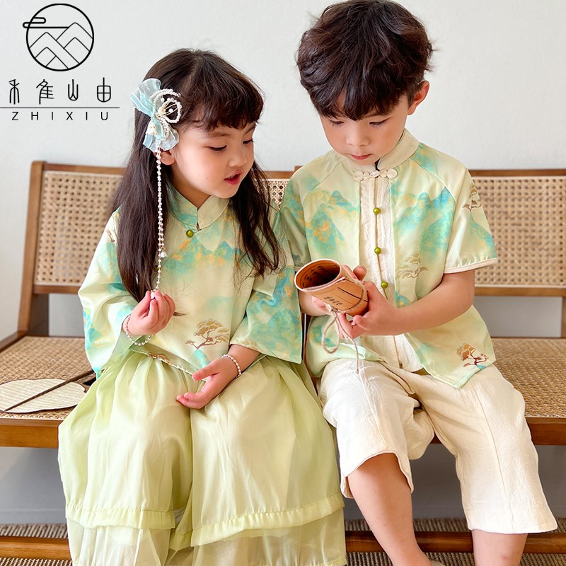 儿童汉服夏装女童中式中国风唐装男童国学绿色古风江山图古装演出