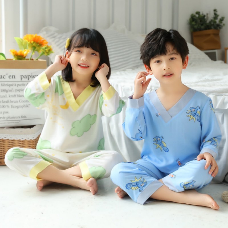 儿童睡衣夏季薄款女童棉绸家居服套装大童男童可爱绵绸宝宝空调服