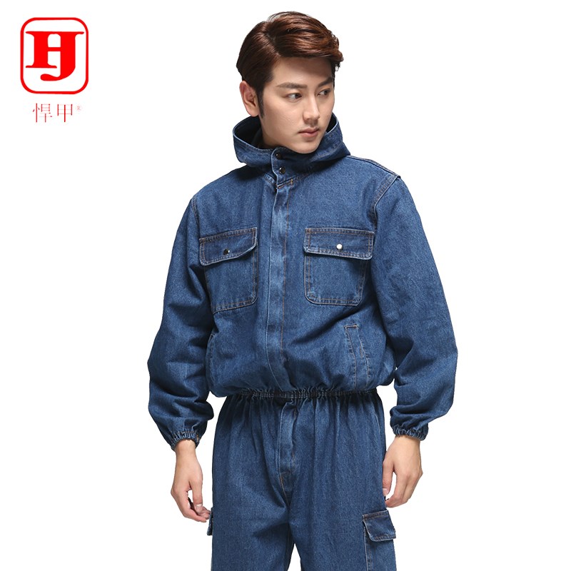 悍甲牛仔大码连体工作服电焊劳保服男长袖汽修工装防尘服套装
