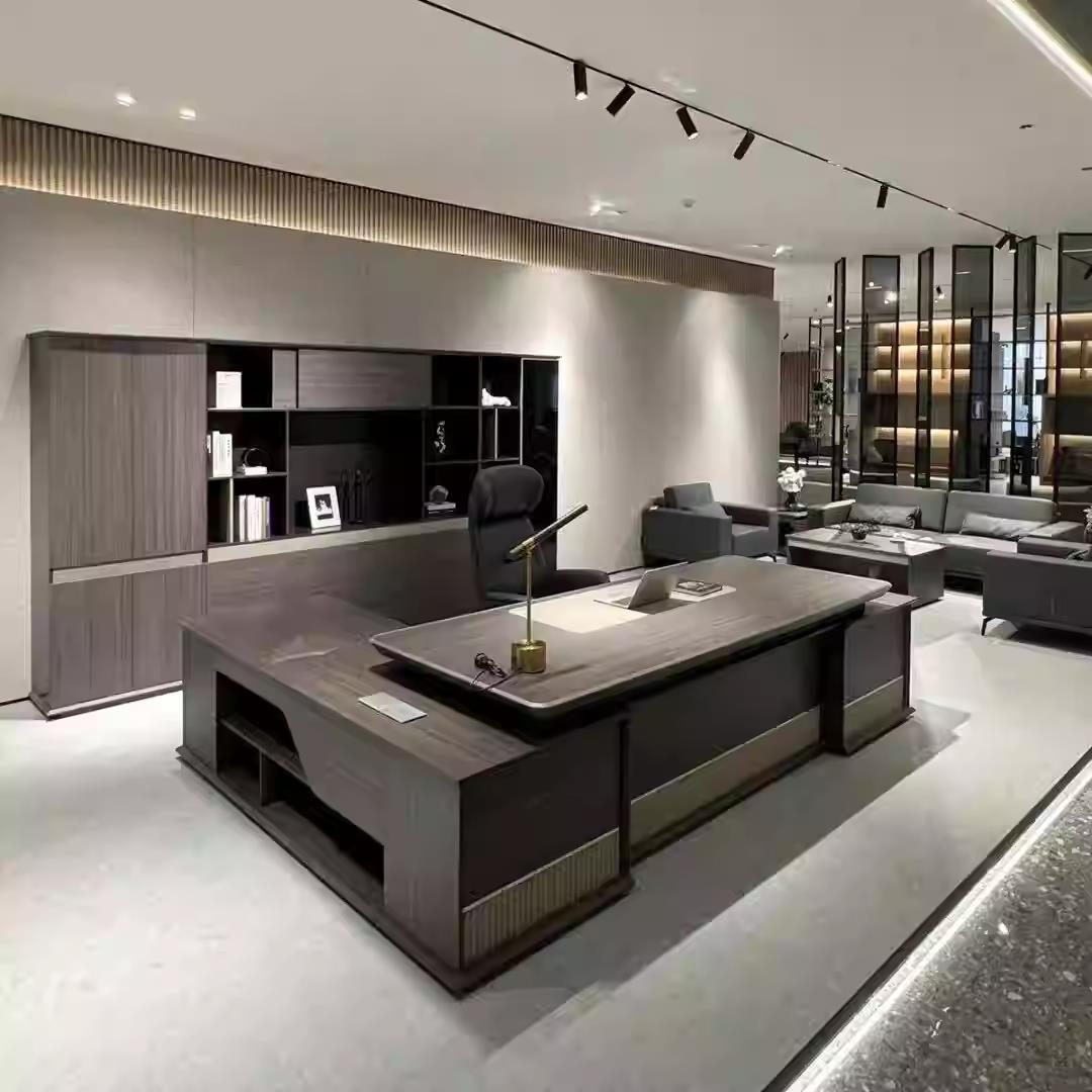 现代简约大班台办公桌轻奢主管桌老板桌书柜组合极简风