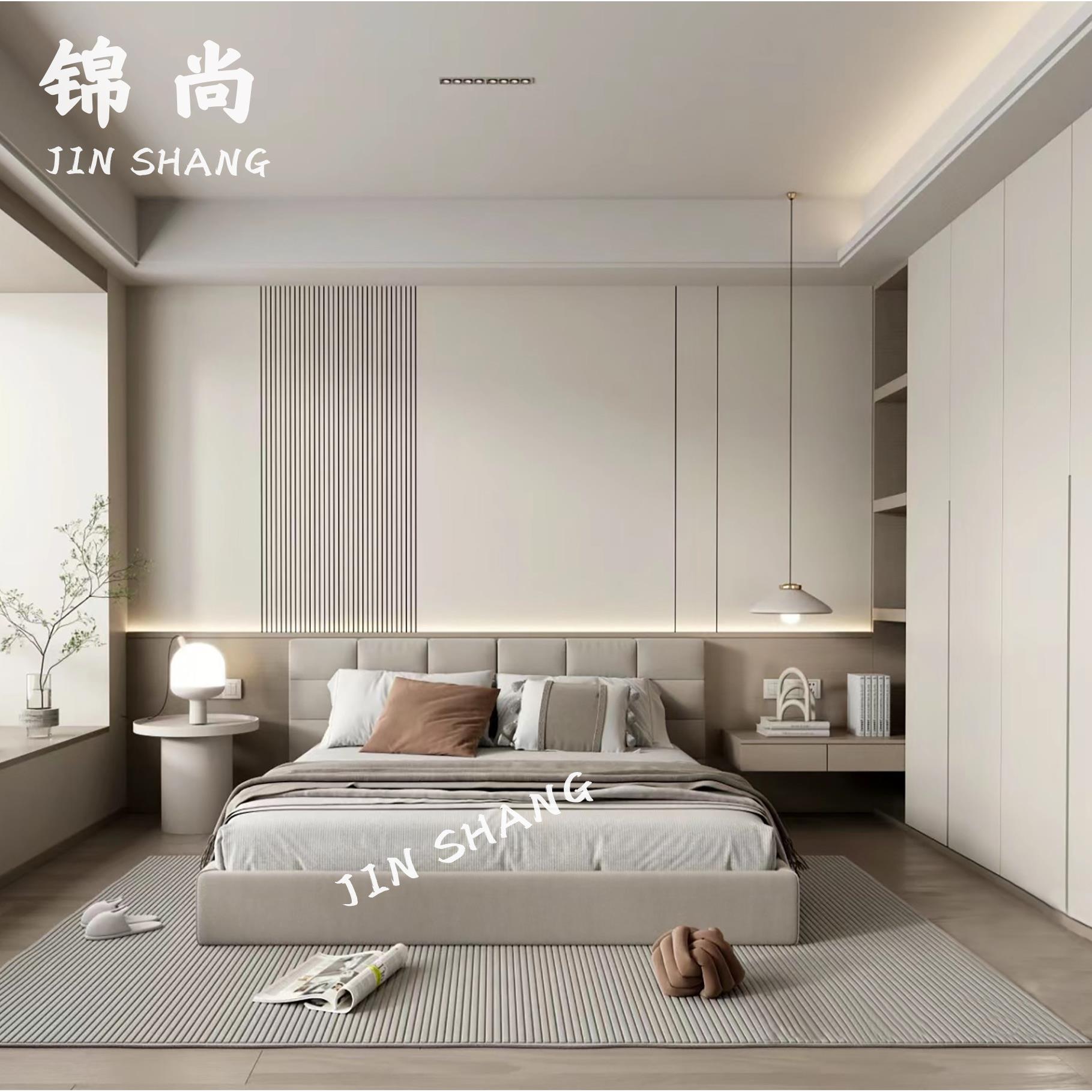 现代简约卧室床头背景墙壁布彷木饰面格栅壁画轻奢客厅3D立体墙布