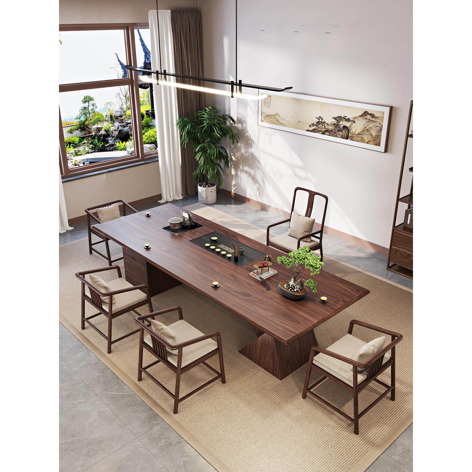 胡桃木茶桌椅组合新中式实木茶台办公家用客厅泡茶烧水茶盘一体