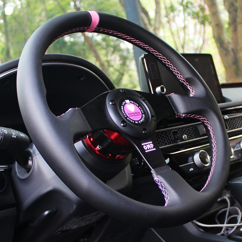 汽车改装真皮方向盘JDM个性13寸14寸运动少女粉快拆OMP赛车方向盘