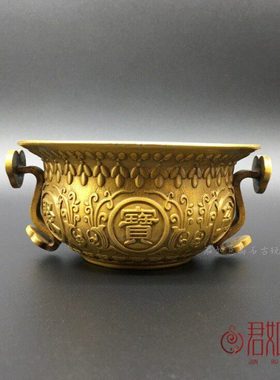 实心黄铜聚宝盆摆件 铜小聚宝盆仿古如意双耳铜香炉铜盆
