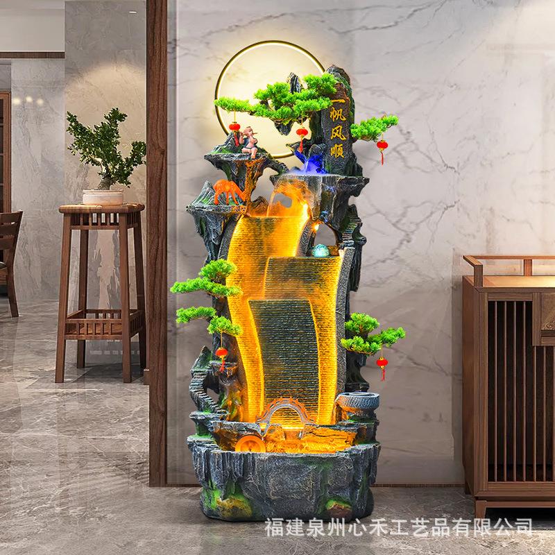 中式假山流水喷泉招财鱼缸摆件 客厅阳台落地酒店电视柜旁装饰品