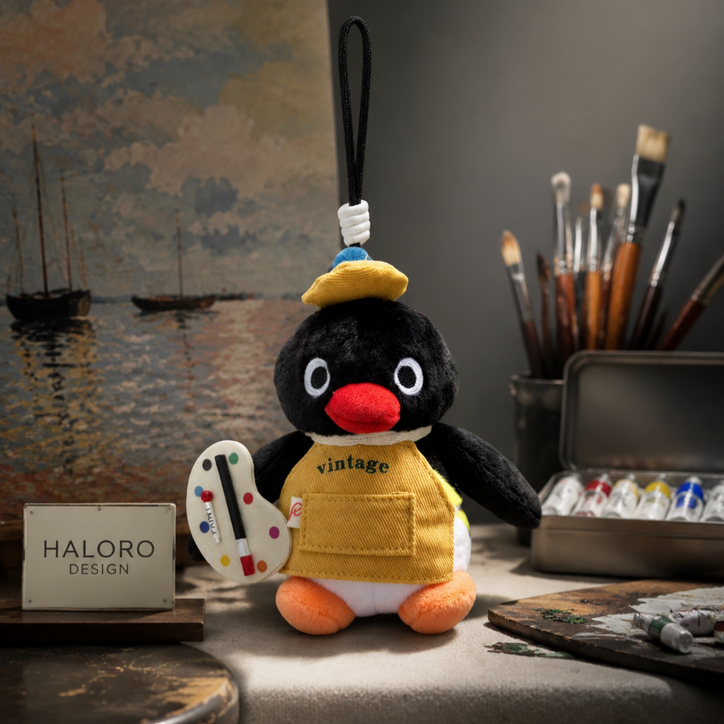 正版pingu企鹅毛绒包挂件可爱小画家卡通玩偶钥匙扣潮玩书包挂饰图片