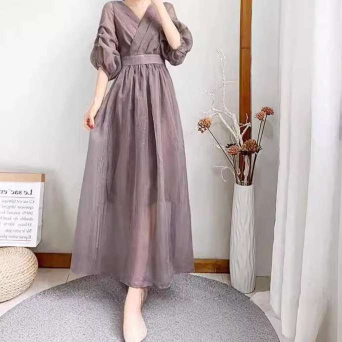 2025春夏装新款女装纯色过膝长款连衣裙修身显瘦气质超仙网纱长裙