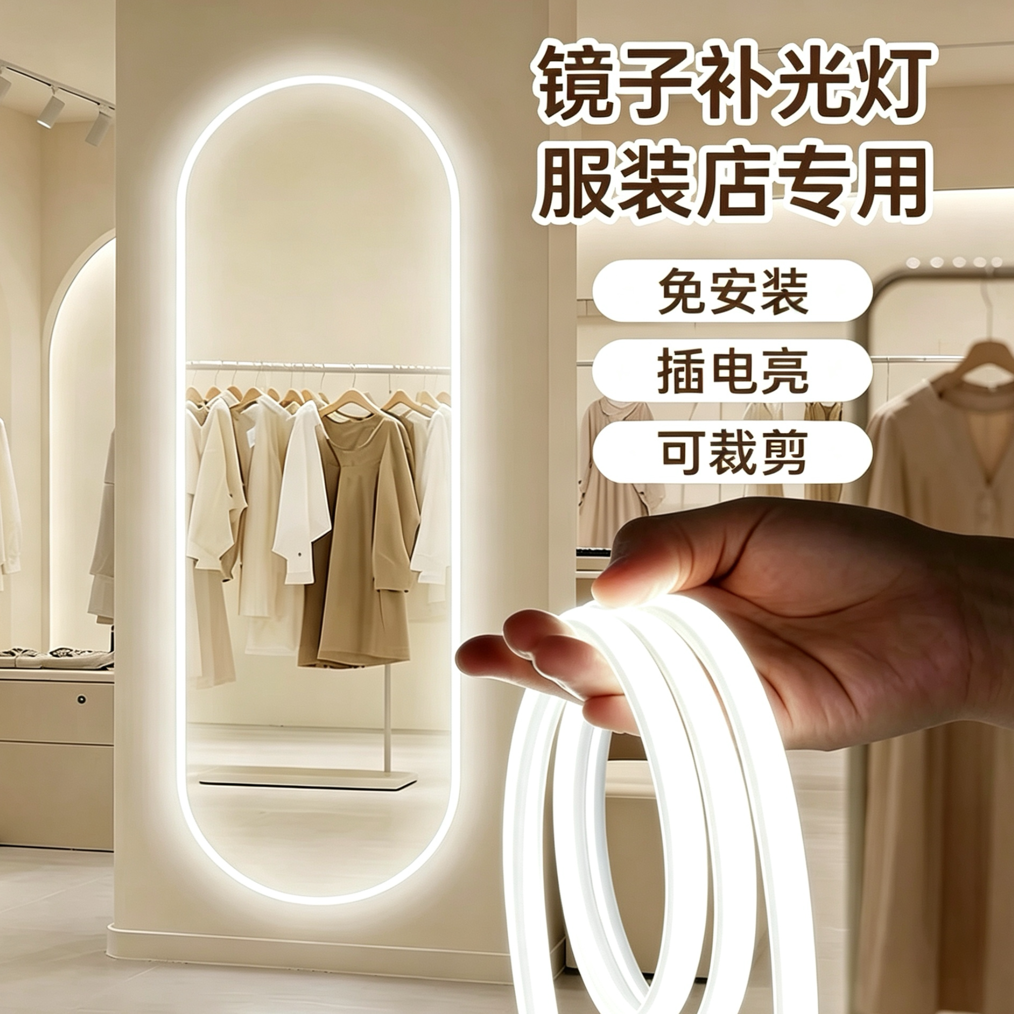 usb5v简约风镜子补光灯LED镜前灯免安装服装店专用可裁剪插电亮图片