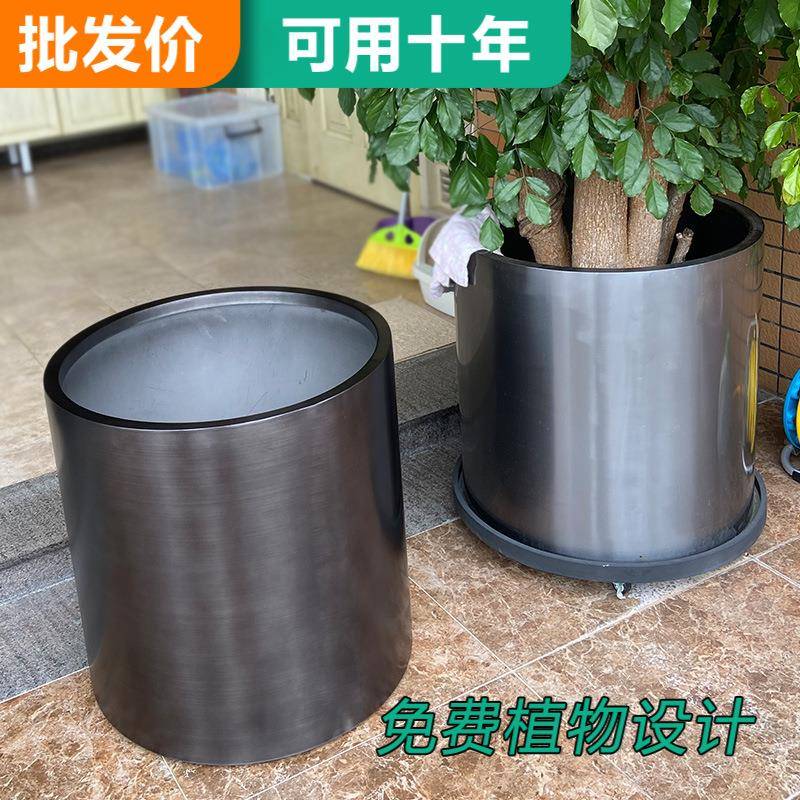 不锈钢圆柱形花盆户外大型市政花箱金属花器园林植物铁皮花钵树箱