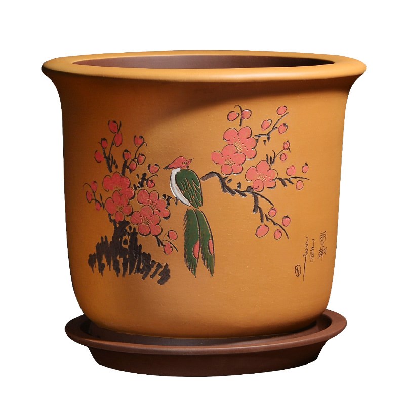 紫砂花盆 宜兴手工彩绘花开富贵大发财树 虎皮兰君子兰兰花兰草盆