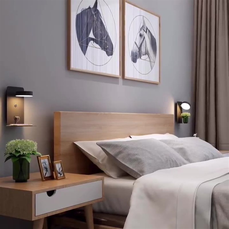 北欧壁灯卧室床头灯客厅背景墙简约创意置物带usb口手机充电LED灯