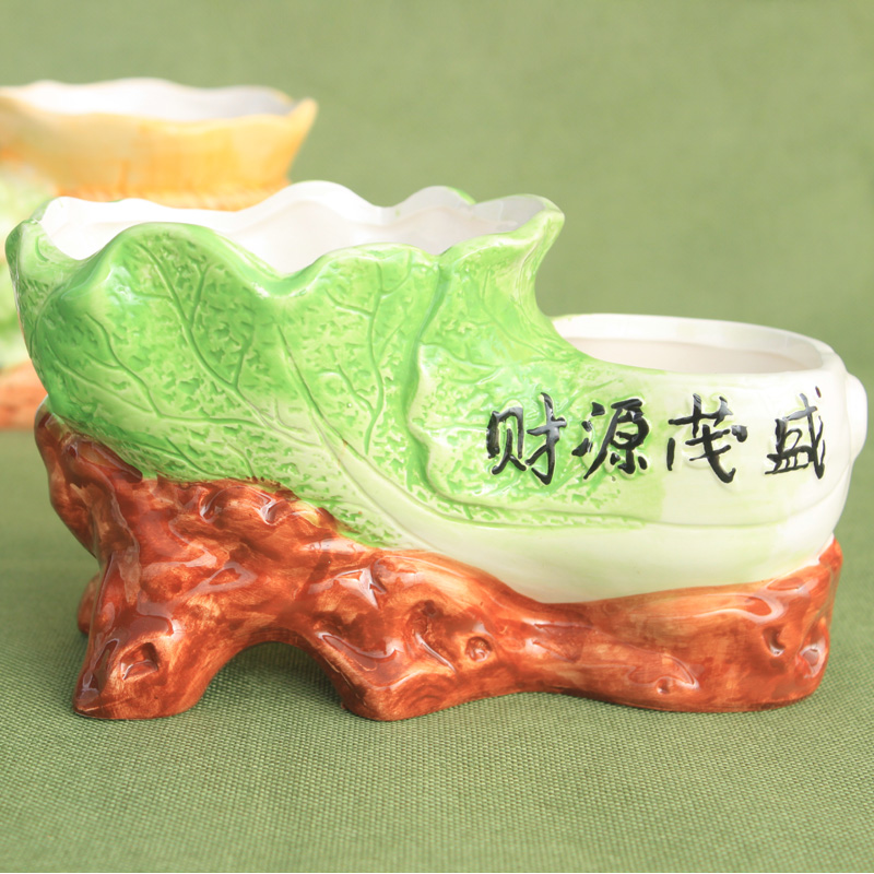 发财树陶瓷花盆财源茂盛个性创意欧式大白菜造型双口连体多肉花盆