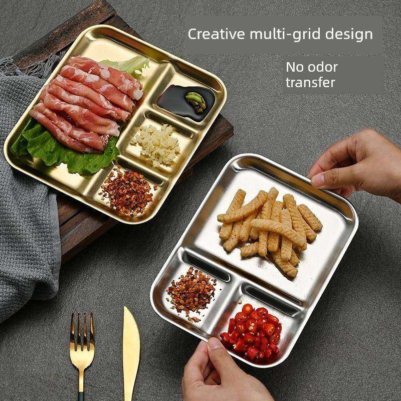 韩式不锈钢烤肉蘸料一体盘子分格调料盘金色酱料碟连锁烤肉店餐具,餐饮具,盘,淘宝优惠券,粉丝福利购,淘宝优惠卷