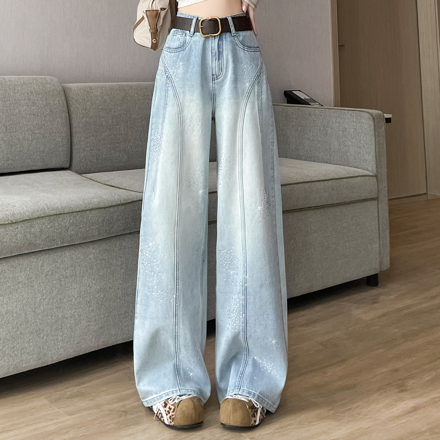 加长浅色雪花烫钻高腰阔腿牛仔裤女2026春季新款小个子显瘦弯刀裤,女装/女士精品,牛仔裤,淘宝优惠券,粉丝福利购,淘宝优惠卷