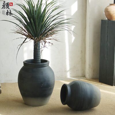 黑灰土色水泥陶罐花盆家居客厅商场酒店装饰绿植花器民宿装饰摆件
