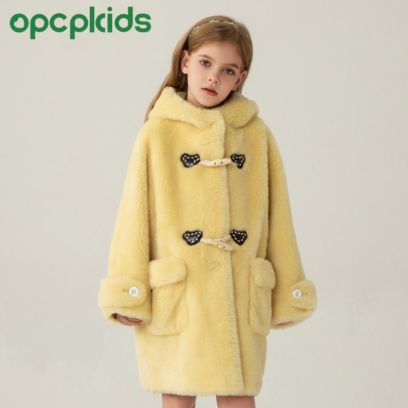 OPCP秋冬季全羊毛一体女童装男宝宝中大儿童羊羔毛皮草外套中长款