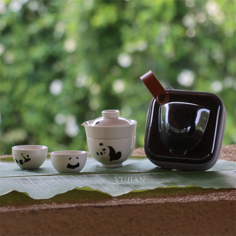 熊猫便携式旅行茶具户外快客杯一壶三杯商务活动实用礼品可做LOGO