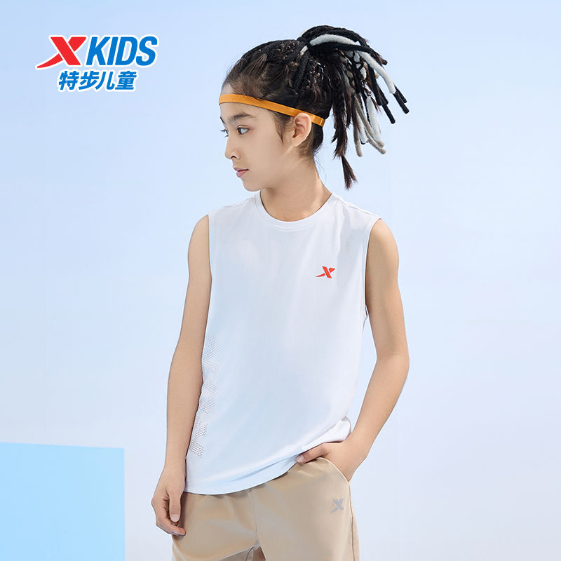特步儿童2025夏季新款男童速干运动背心中大童短T透气无袖背心