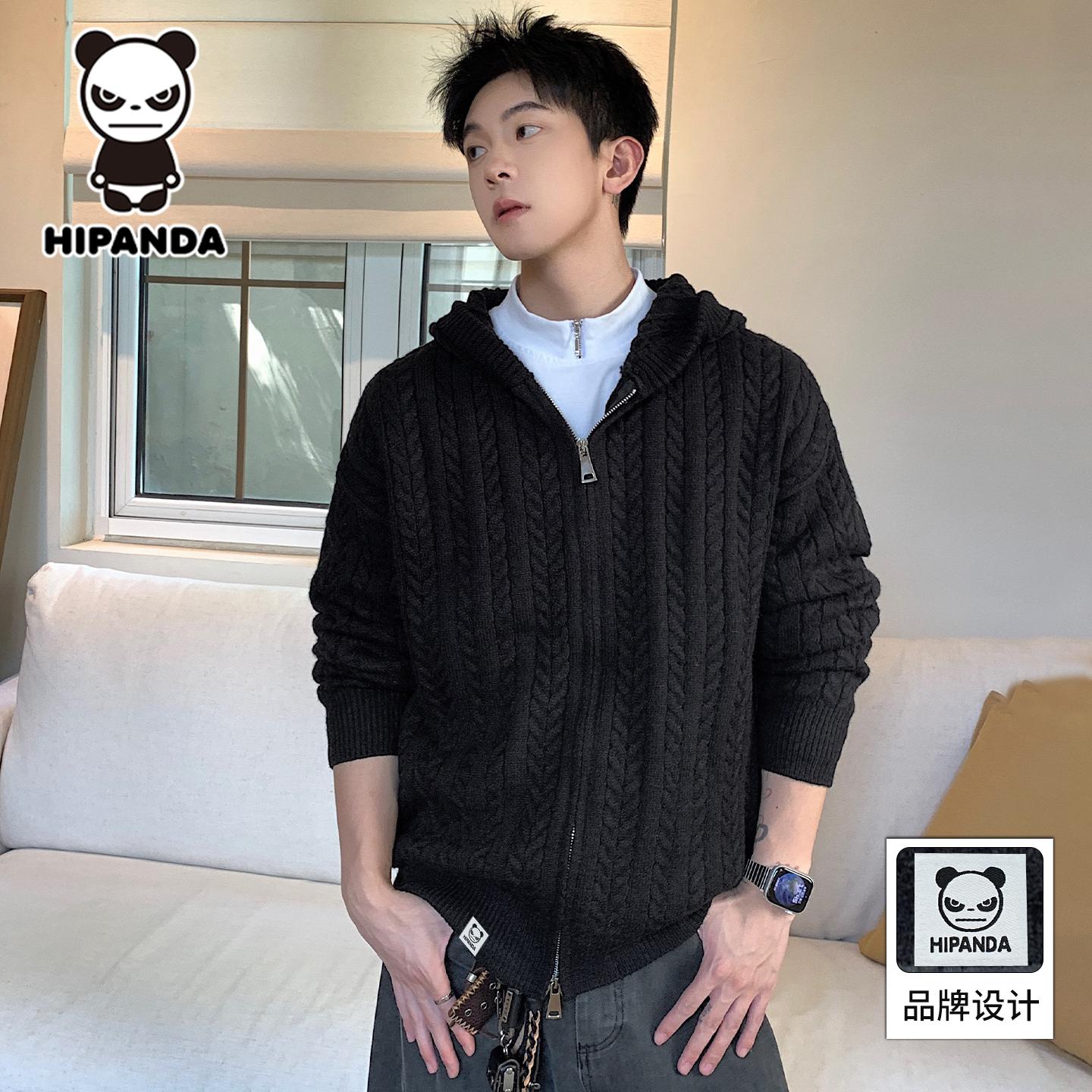 HIPANDA你好熊猫麻花纹连帽毛衣