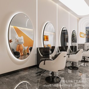 高端网红理发店镜台椭圆镜子发廊专用单面双面美发落地镜台镜子