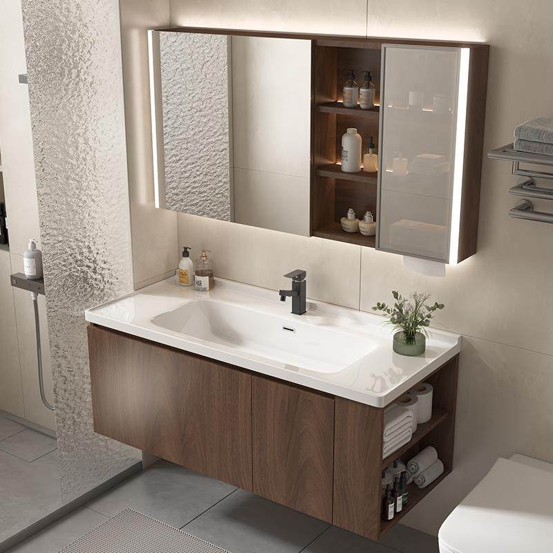 新款胡桃木中古浴室柜洗手洗脸陶瓷盆一体式卫生间侧边洗漱台萧山