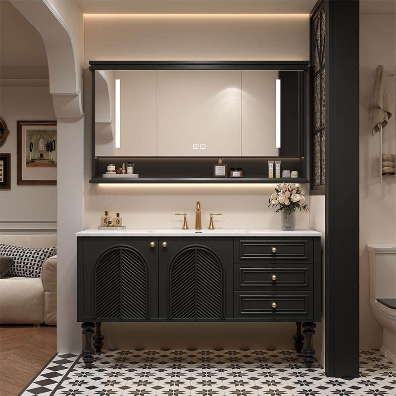 法式复古落地式浴室柜组合岩板热弯一体洗漱台卫生间洗手脸盆奢石